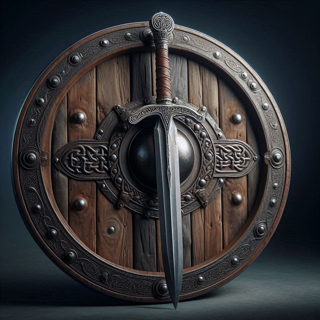 A 3D render of a multilayered Viking-style shield and sword, displayed against a dark, moody backgr