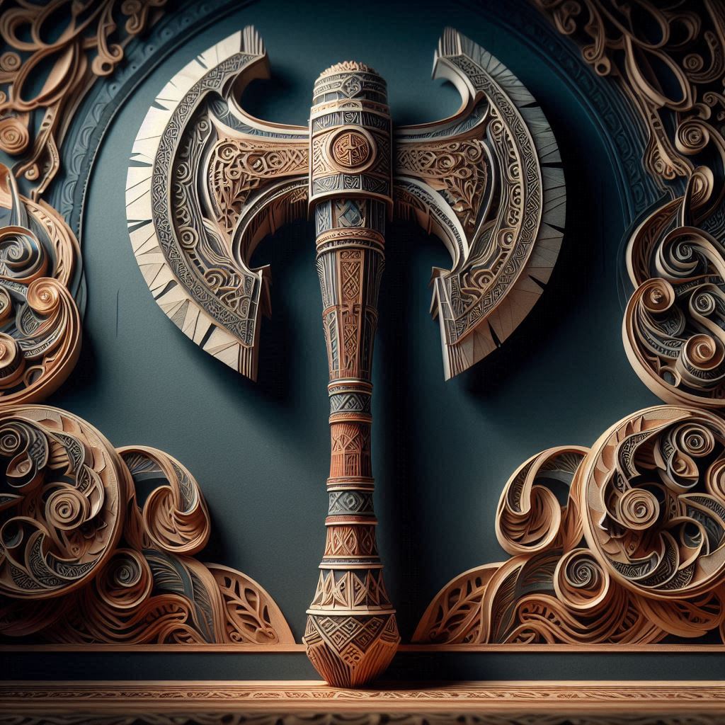 A highly detailed 3D papercraft model of a Viking axe, featuring intricate cut and folded paper laye