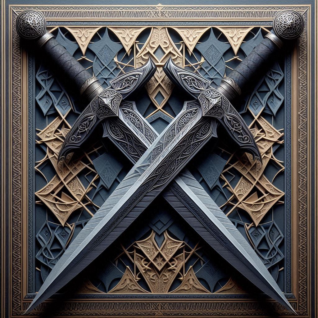 A striking 3D papercraft scene showcasing two swords positioned in a bold criss-cross formation, eac (1)