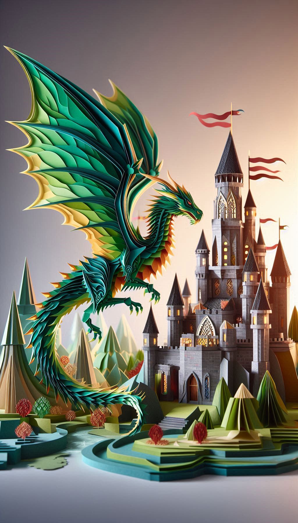 A vibrant, three-dimensional paper craft scene featuring a majestic dragon soaring above a towering